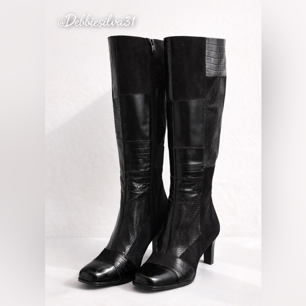 Women’s Black Faux Snakeskin Suede Heel Boots